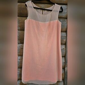 Vince Camuto Tan Sheer Overlay Midi Formal Dress Coral Sequins Illusion Shift